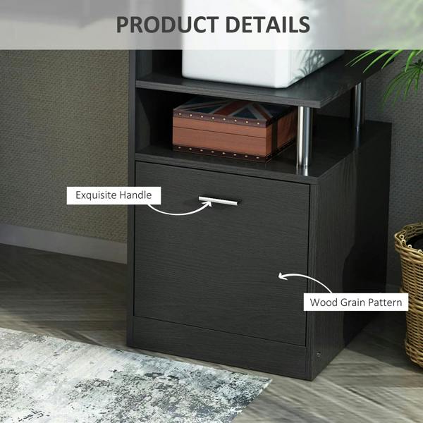 Black drawer front with metal handle and wood grain pattern