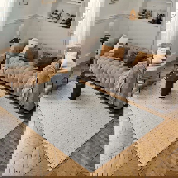 Living Room Rug, gold-cream colors, durability and underfoot comfort.