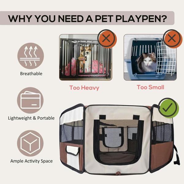 Portable pet playpen with mesh activity panels, shown with safety and portability icons.