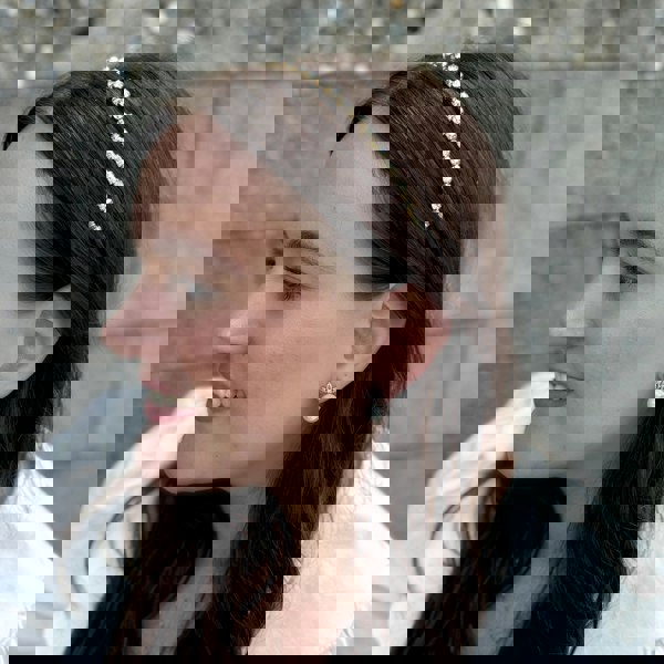 Gold Slim Hair Band With Crystals, Worn View, Elegant Gold Hairband Featuring Sparkling Clear Crystals, Delicate and Lightweight, Perfect for Weddings, Parties or Everyday Glam Looks