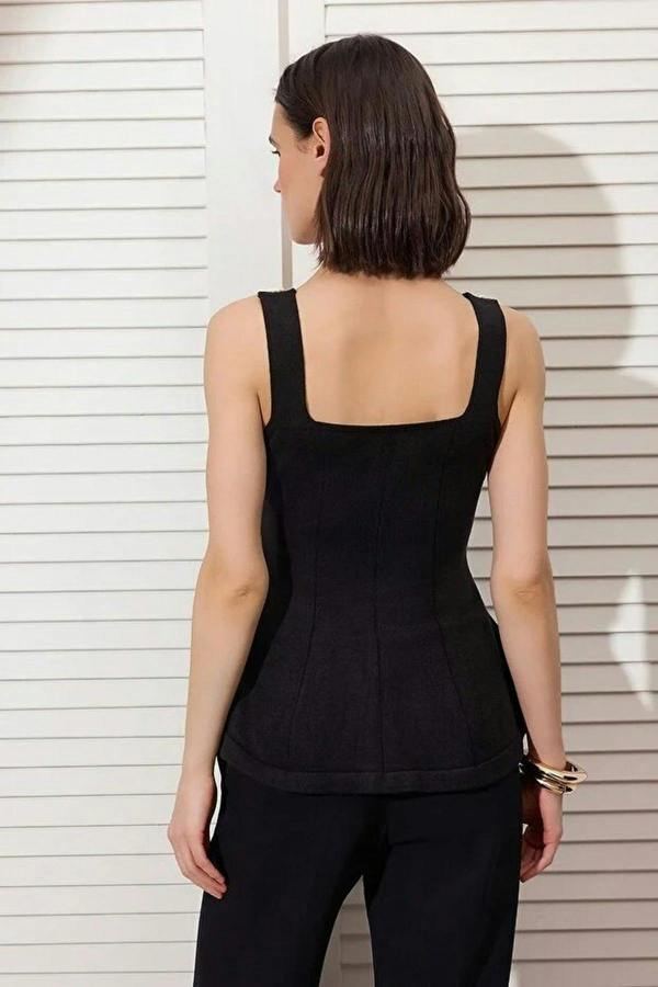 WOVCOR Premium Yarn Square Neck Embellished Peplum Knit Blouse