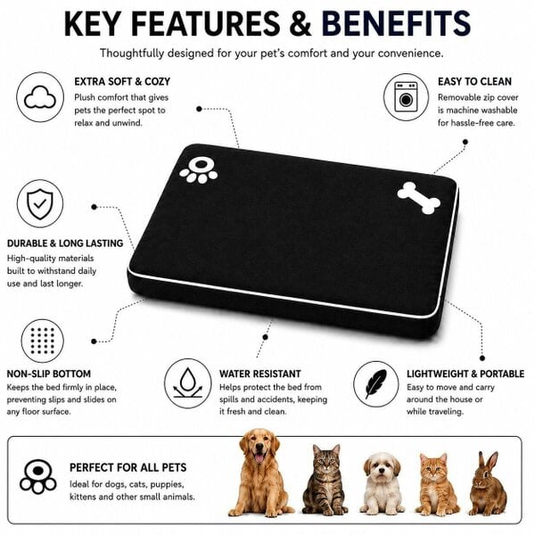 Night Zone Bone & Paw Print Pet Bed – Washable Dog & Cat Cushion with Removable Zip Cover
