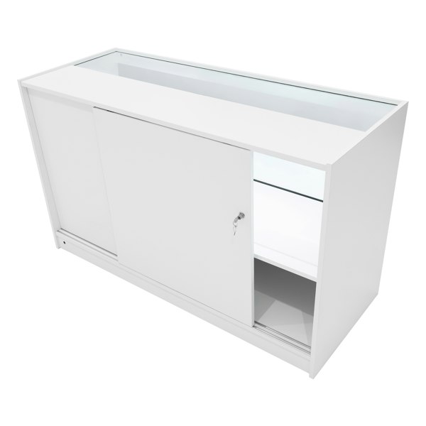 Sleek white Andromeda LED shop counter set with sliding doors, glass display top, and modern design for retail environments