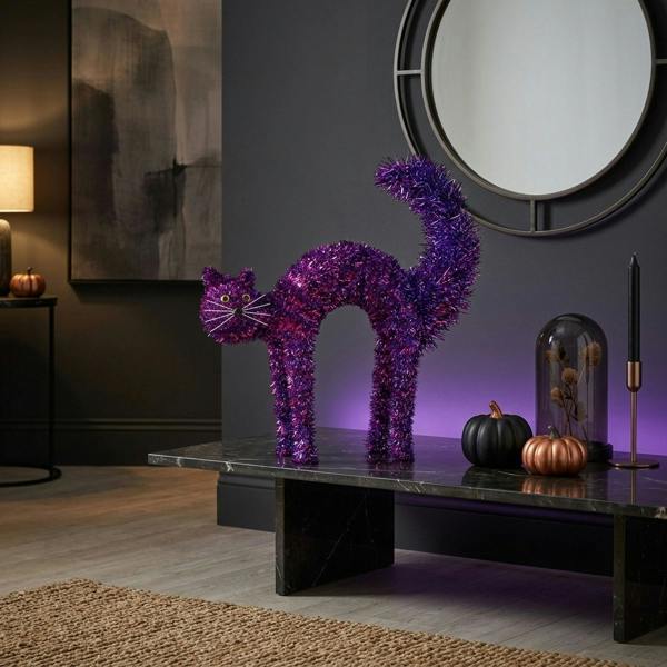 Garden Greatness Scaredy-Cat Purple Tinsel Halloween Decor