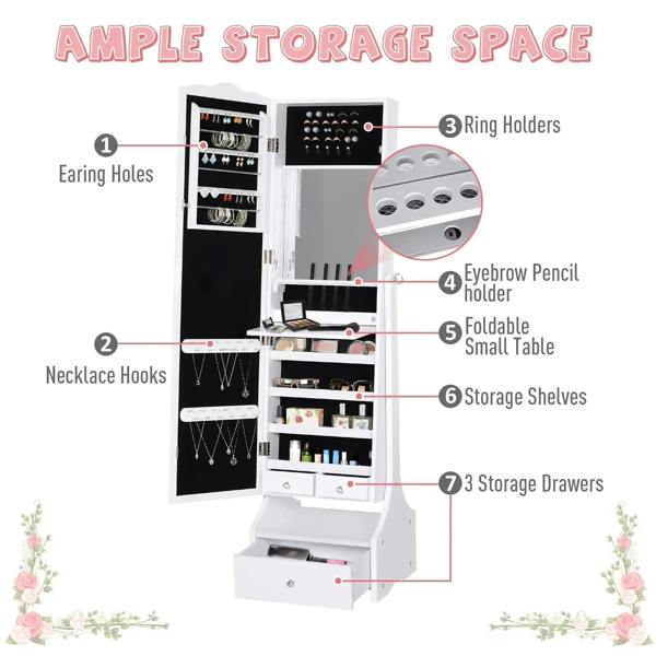 White flip-over jewelry storage cabinet with compartments for earrings, hooks, and drawers