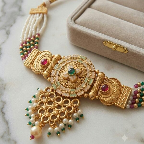 The Colourful Aura 18k Gold Plated Kundan Choker Necklace Set with Earrings