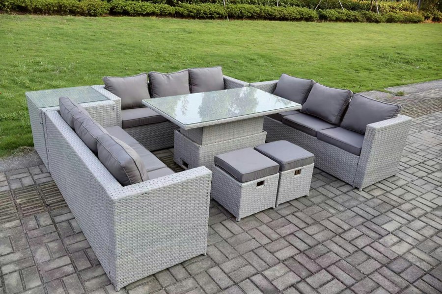 Fimous Rattan Outdoor Garden Funiture Set with Height Adjustable Table, 3 Sofas, 1 Side Table, 2 Footstools - 11 Seater - Light Grey