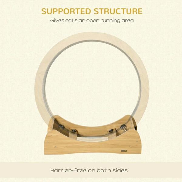 Natural wood cat running wheel with dark inner track and open front support structure