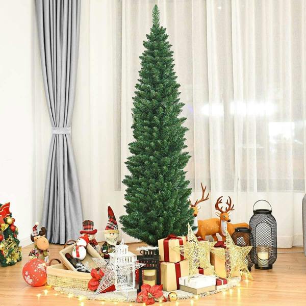 4ft to 8ft Green Artificial Flocked Slim Pencil Christmas Trees with Metal Stand image 2