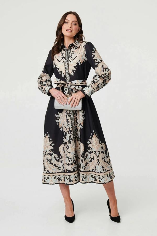 Black | Floral Border Tie Waist Midi Dress