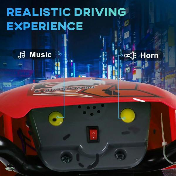 Red ride-on motorbike dashboard with buttons and speaker grille detail