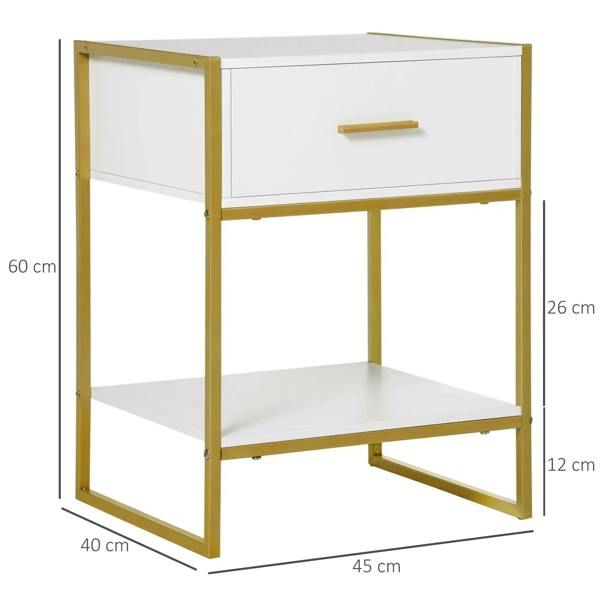 White bedside table with gold frame, single drawer, and open bottom shelf.