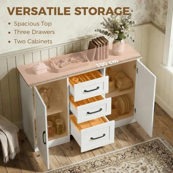 Sideboard Storage Cabinet, Modern 110 cm Buffet Storage Cabinet with 3 Drawers and 2 Soft Close Doors, White