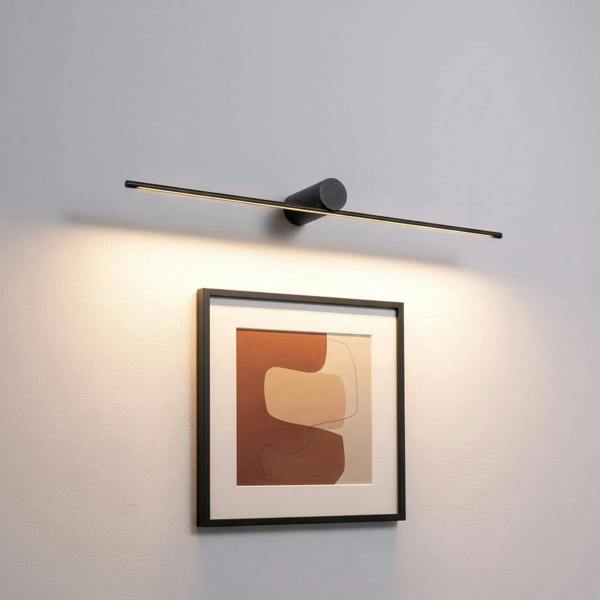 black above picture light shown on the wall illuminating a picture