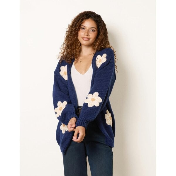 Blue Vanilla Daisy Large Flower Cardigan - Navy