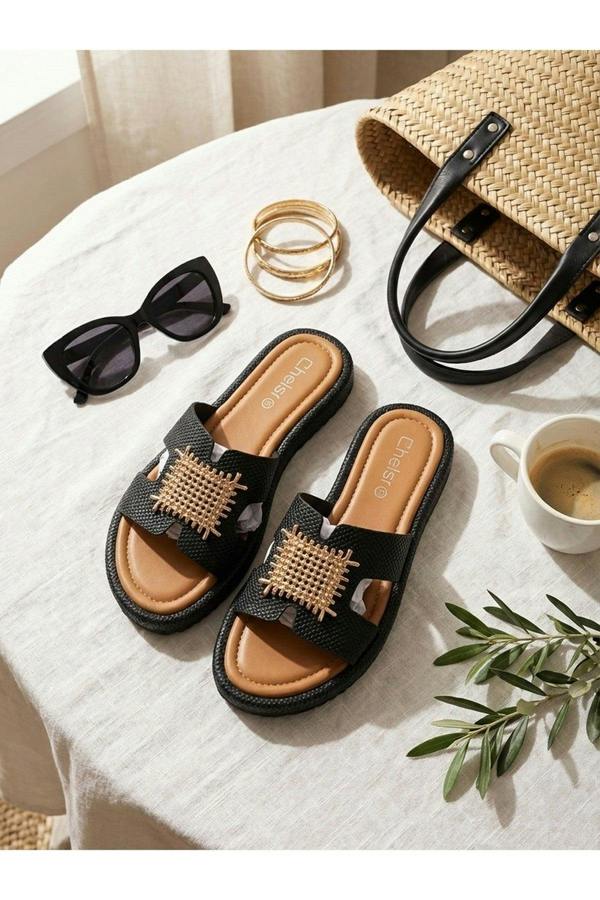 Amber Gold Woven Buckle Slides - Black