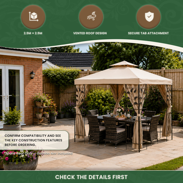 The Garden Marketplace Spare Roof Cover for 2.5m Square Leaf Design Garden Gazebo, Beige 180g Fade-Resistant Polyester Canopy with Wind Vent