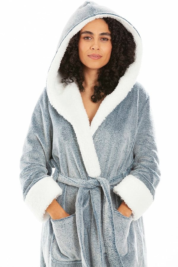 Camille Womens Jade Deep Pile Full Length Fleece Bathrobe with Sherpa Lined Hood & Cuffs