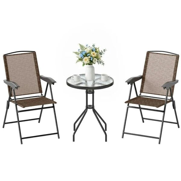 3 Piece Outdoor Bistro Set, Patio Conversation Furniture Set with 2 Folding Backrest Adjustable Armchairs and Glass Top Coffee Table, Brown
