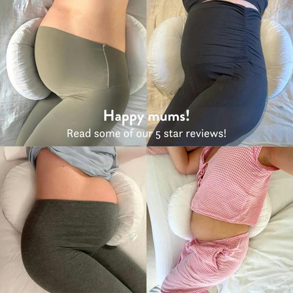 Images showing different people using a pregnancy pillow with text 'Happy mums! Read some of our 5 star reviews!'.