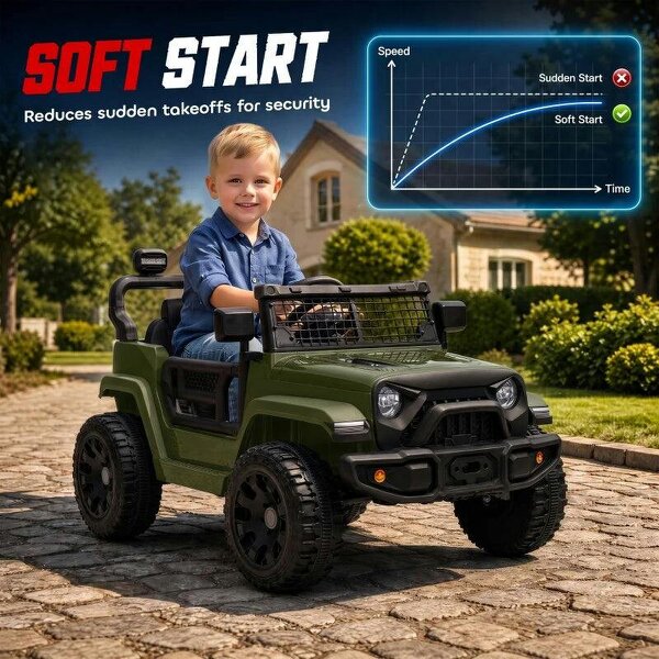 12V Electric Car for Kids with Remote, Dual Motors, Rear Suspension, Soft Start, Music, Lights for 3-8 Years, Dark Green