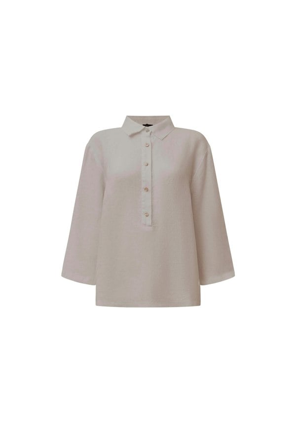 Taupe linen blouse with button front and roll tabs