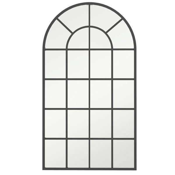 Black arched window-style wall mirror with grid frame and clear reflective glass