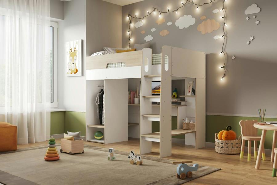 Flair Coco High Sleeper Workstation with Wardrobe White and Oak