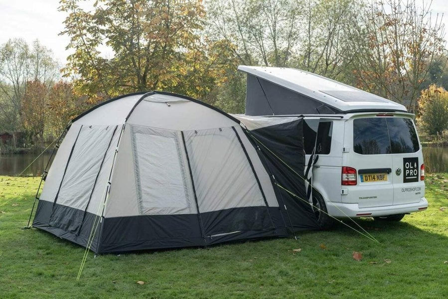 OLPRO Cubo Campervan Awning on a VolksWagen T5, the awning doors are all closed. It is being shot from the rear of the van OLPRO on a campervan