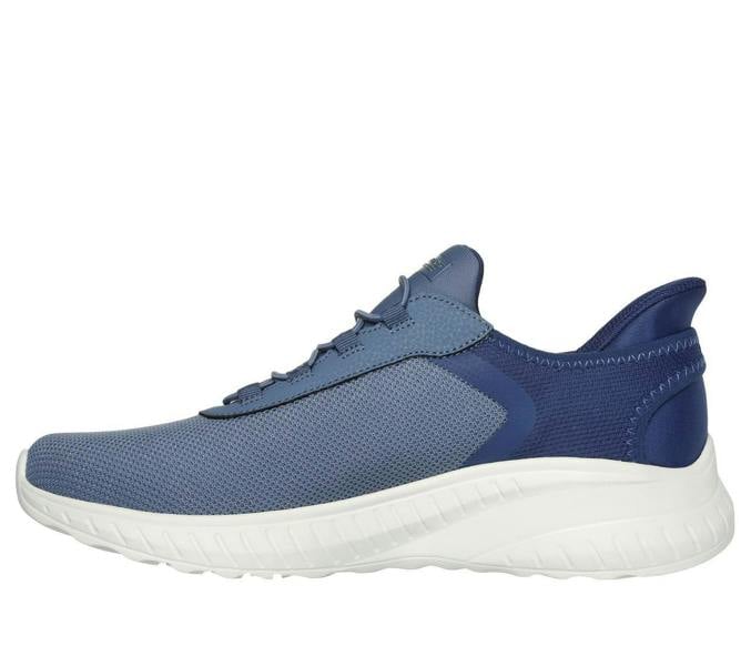 Skechers Bobs Squad Chaos Tough Walk Mens Slip-Ins Casual Trainers, blue lightweight athletic shoe with mesh upper and white sole for comfortable walking and casual wear.