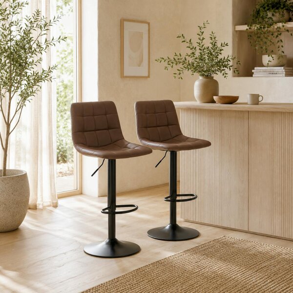 Wyld Haus Ninora Set Of 2 Brown Tufted Faux Leather Swivel Bar Stools With Back Support