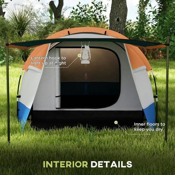 Orange and blue tunnel tent interior with hanging lantern hook and inner floor