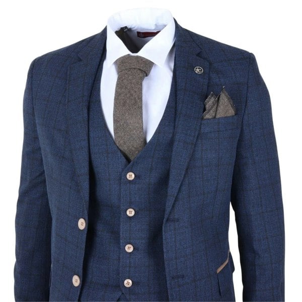 TruClothing IM11 - Men's Navy 3 Piece Plaid Check Suit