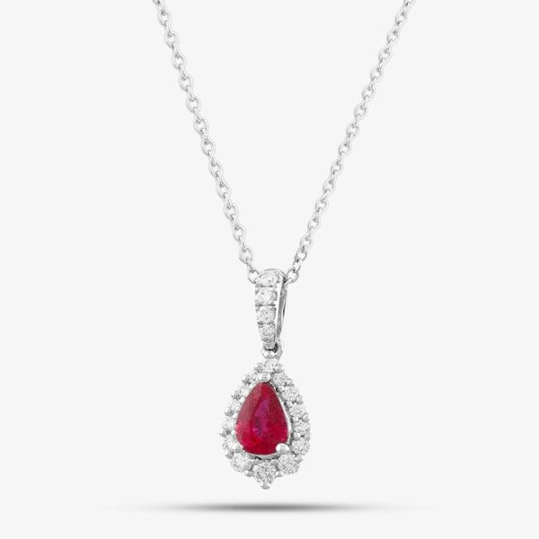 T. H. Baker 18ct White Gold 1.10ct Pear Cut Ruby & 0.41ct Brilliant Cut Diamond Pendant Necklace LG238/EA(RU)-PR