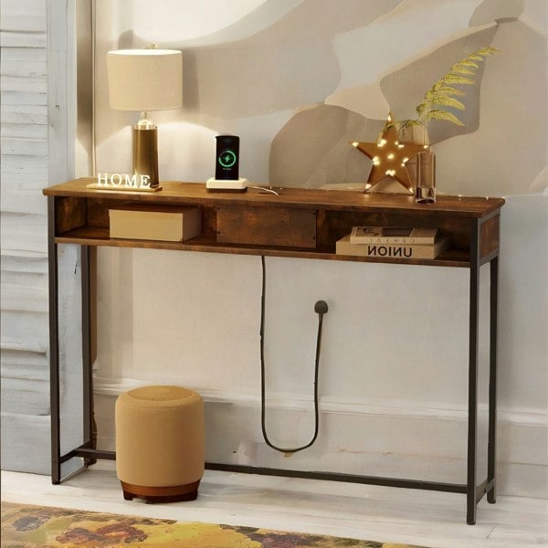 Rafaelo Mobilia Hallway Console Table With Charging Station Rustic Brown