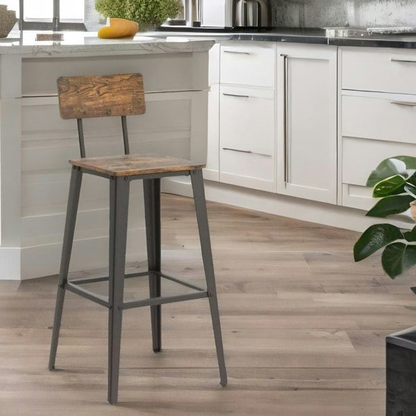 Rafaelo Mobilia Set of 2 Industrial Bar Stools with Backrest Brown