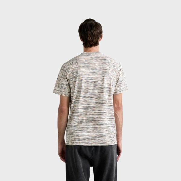 Back view of a man wearing a Supplied Fashion multi-coloured space-dyed cotton short-sleeve t-shirt
