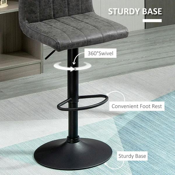 Grey swivel barstool with 360-degree base and circular footrest