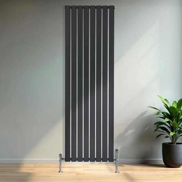 Flat black single column radiator, 1800 x 560mm, featuring sleek vertical lines and chrome valves, set against a modern interior backdrop