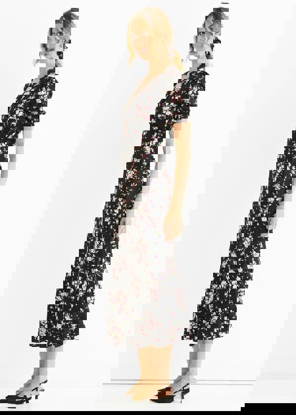 Gini London Black Floral Lace Trim Bias Midi Dress