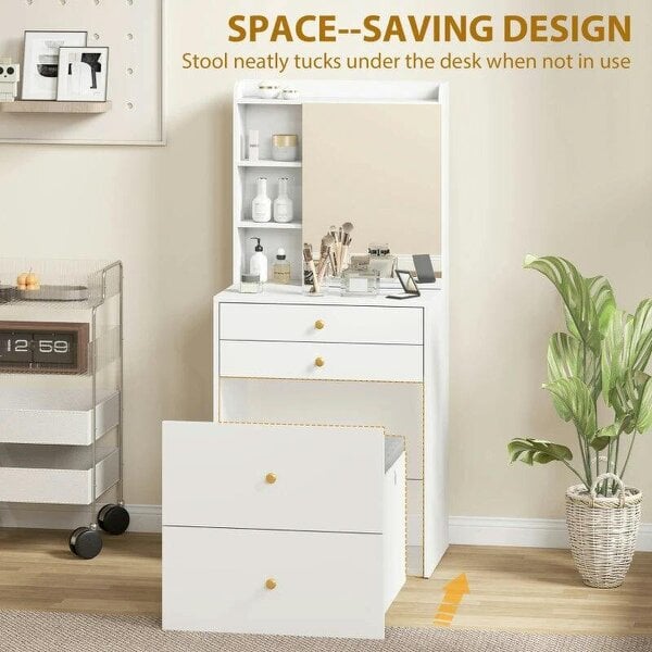 Dressing Table with Mirror and Mobile Storage Stool, Compact Vanity Table with Cabinet, Drawers, Open Shelves, White