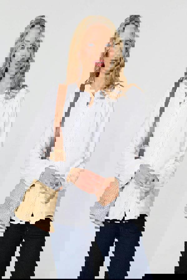 White | Lace Trim Long Sleeve Relaxed Blouse