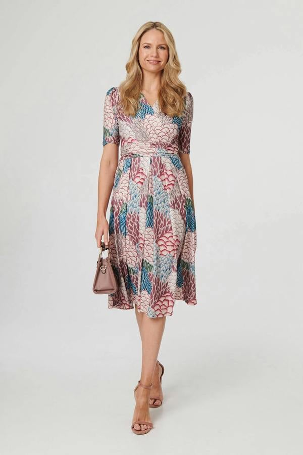 Beige | Printed 1/2 Sleeve Pleated Midi Dress