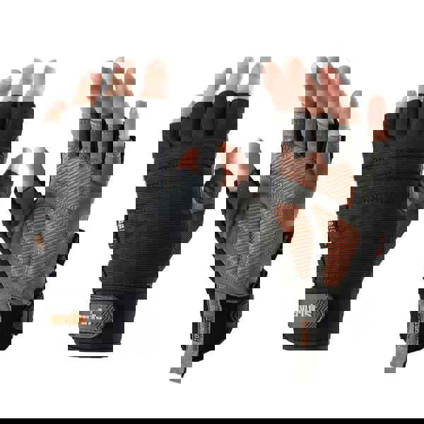 Scruffs Trade Fingerless Mens Work Padded Palm Gloves, pair of black and grey fingerless work gloves with padded palms and adjustable wrist straps.