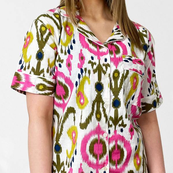 Hayley & Co Ikat Print 100% Cotton Short Pyjama Set in White and Print