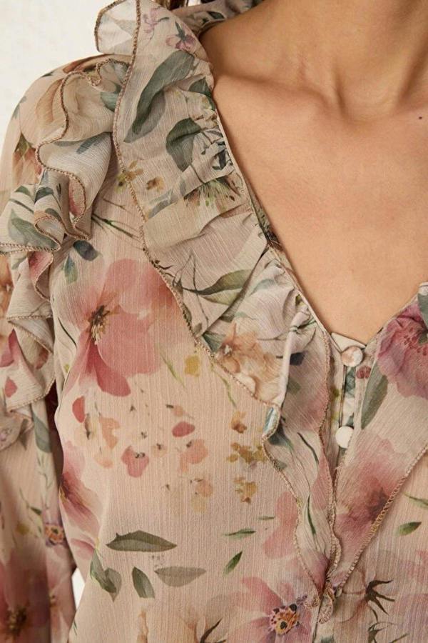 WOVCOR Chiffon Transparent Floral Ruffled Woven Shirt
