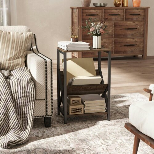 Wyld Haus Elfi Nere Wooden Oak Narrow Side Table With 3 Tier Storage and V Shaped Magazine Holder 40 x 30 x 61 cm