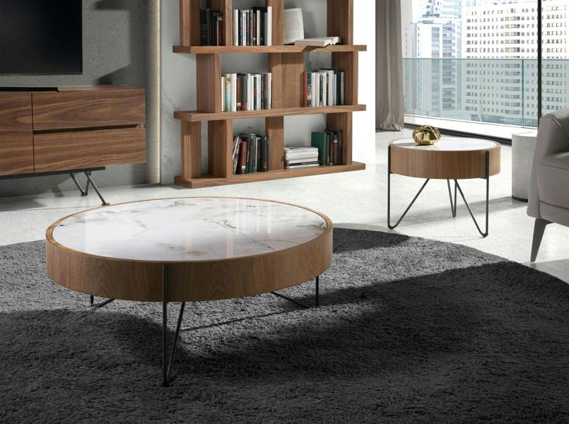 Angel Cerdá Round coffee table in porcelain marble, walnut and black steel 2138