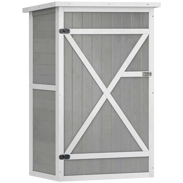 Grey wooden small storage shed with white cross-brace door and bolt latch, front view