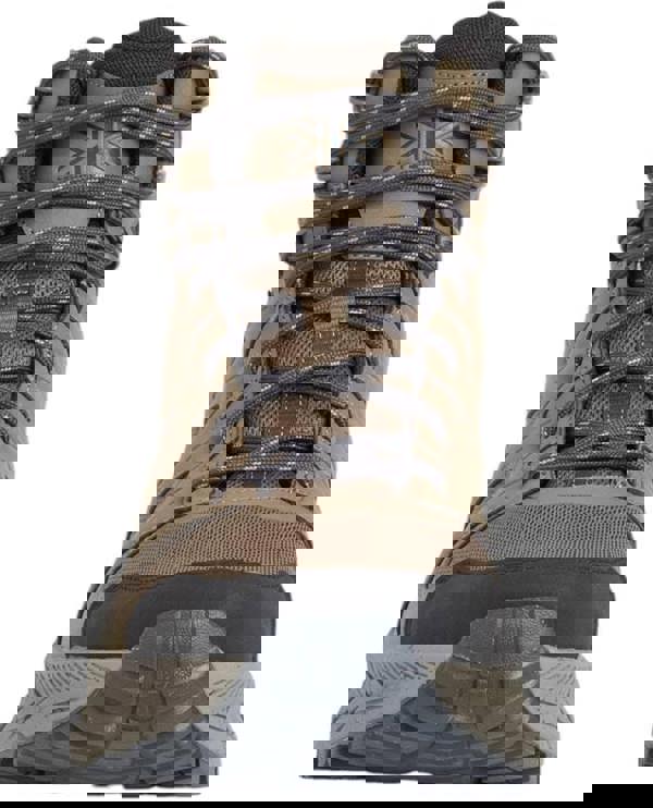 Karrimor Kestrel Mid Mens Casual Walking Trail Hiking Outdoor Ankle Boots, front view of tan and black hiking boots with detailed sole and laced closure.